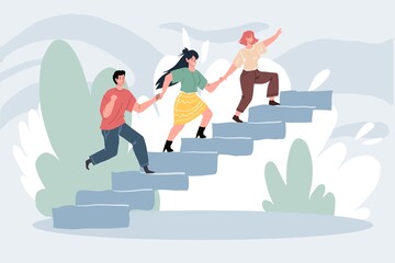 Vector flat cartoon characters runs up the stairs holding hands,helping each other-effective teamwork of successful startup team metaphor,business success achievement concept,web site banner design