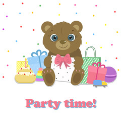 Birthday card. Cute bear with prezent and toys. Vector.