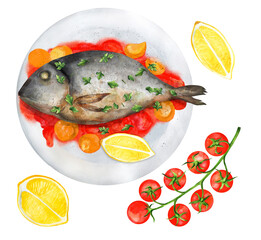 Fototapeta na wymiar Watercolor dorado fish with lemon and parsley