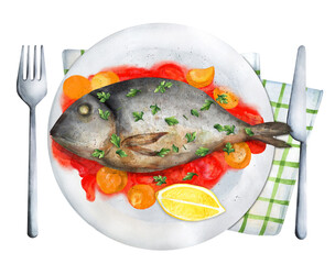 Fish bream cooked in crazy water. Watercolor illustraton