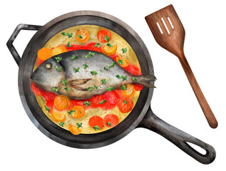 Fried sea bass in a pan in crazy water. Watercolor