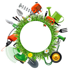 Vector Round Blank Frame with Gardening Tools © dashadima
