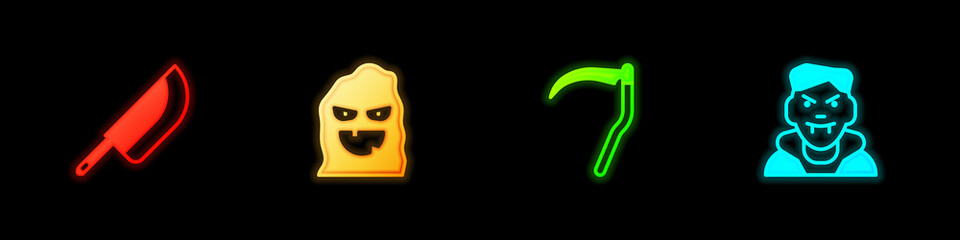 Set Knife, Funny and scary ghost mask, Scythe and Vampire icon. Vector