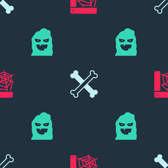 Set Spider web, Crossed bones and Funny and scary ghost mask on seamless pattern. Vector