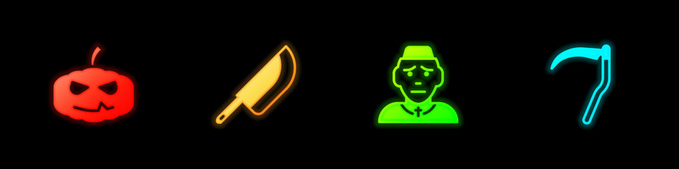 Set Pumpkin, Knife, Priest and Scythe icon. Vector