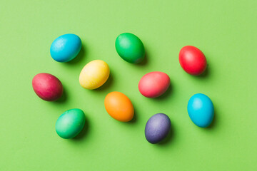 holiday preparation Multi colors Easter eggs on colored background . Pastel color Easter eggs. holiday concept with copy space