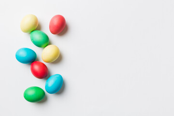 holiday preparation Multi colors Easter eggs on colored background . Pastel color Easter eggs. holiday concept with copy space