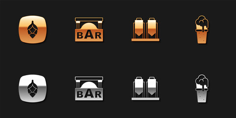 Set Hop, Street signboard with Bar, Beer brewing process and Glass of beer icon. Vector