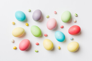 holiday preparation Multi colors Easter eggs on colored background . Pastel color Easter eggs. holiday concept with copy space