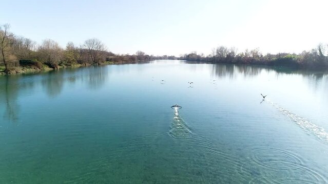 Birds fly over the river - Drone