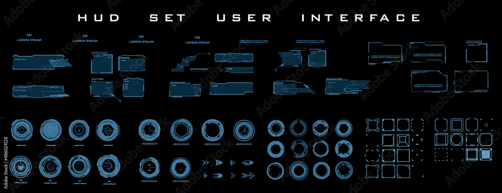 Fototapete HUD. High-tech personal gaming user interface. Set technological elements frames, circular pointers, targets for HUD game user interface. Gaming windows and frames in cyber style