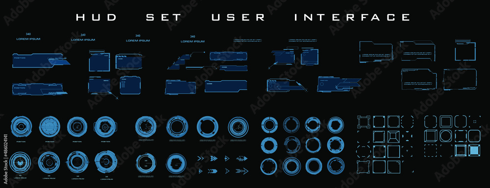 Poster HUD. High-tech personal gaming user interface. Set technological elements frames, circular pointers, targets for HUD game user interface. Gaming windows and frames in cyber style