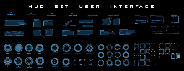 HUD. High-tech personal gaming user interface. Set technological elements frames, circular pointers, targets for HUD game user interface. Gaming windows and frames in cyber style
