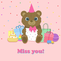 Birthday card. Cute bear with prezent and toys. Vector.