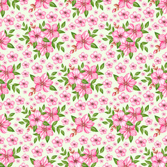 Floral watercolor pattern with pink cherry blossom