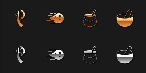 Set Wooden axe, Fireball, Witch cauldron and icon. Vector