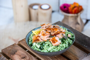 salmon with cottage anf rice noodles