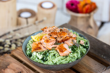 salmon with cottage anf rice noodles