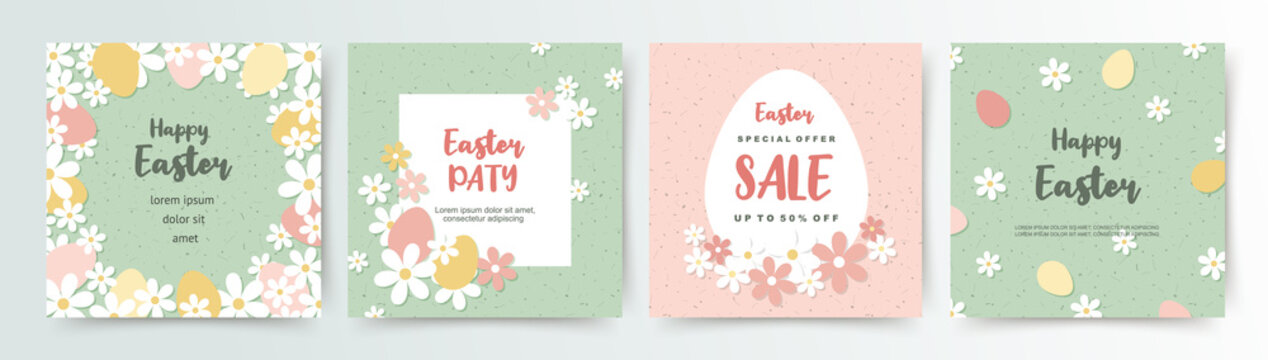 Easter floral square templates. Cute vector backgrounds in flat style for social media posts, mobile apps, cards, invitations, banner design and web ads
