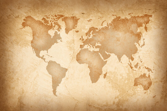 World map on an old paper texture background with space for text wind sea navigation.