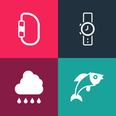 Set pop art Fish, Cloud with rain, Wrist watch and Carabiner icon. Vector