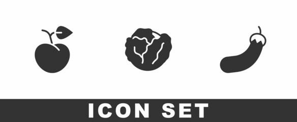 Set Peach fruit or nectarine, Cabbage and Eggplant icon. Vector