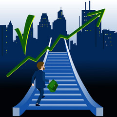 Achieving goals and career growth in bizness. Vector illustration of a man running up a ladder that leads to a career goal in bizness. Striving upward for new opportunities and achievements in busines