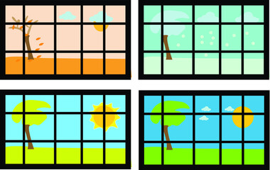 Set of Four windows with different seasons and weather landscapes - summer, winter, spring, and autumn. Flat cartoon style vector illustration template