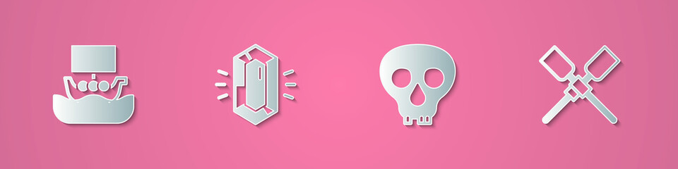 Set paper cut Viking ship Drakkar, Gem stone, Skull and Oars or paddles boat icon. Paper art style. Vector