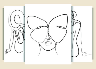 Beautiful Girl Face. Set of Attractive Young Woman Portrait Female Beauty Concept. Continuous One Line Drawing. Black and White Vector Illustration Template