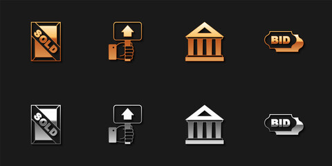 Set Auction painting sold, Hand holding auction paddle, Museum building and Bid icon. Vector