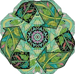 Recycle icon on mandala illustration. Vector decorative zentangle object