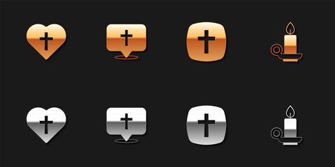 Set Christian cross in heart, Location church building, and Burning candle candlestick icon. Vector