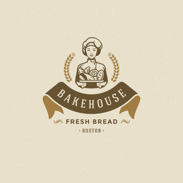 Bakery badge or label retro vector illustration. Baker woman holding basket with bread silhouette for bakehouse.