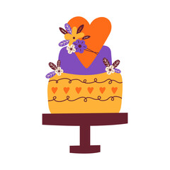 Two tiered wedding cake on a stand is decorated with a large red heart and flowers. Vector icon of a festive sweet dessert for Birthday. Hand drawn illustration in Scandinavian style.