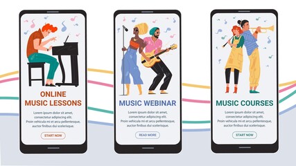 Set of vector flat cartoon characters sing and play music on smartphone app screens-mobile UI kit templates for online education,music courses webinars applications,web page design with people scenes