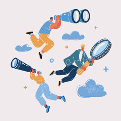 Vector illustration of people of searching for opportunities, decisions, new business ideas or staff. Man and woman looking into future choosing direction of development. - obrazy, fototapety, plakaty