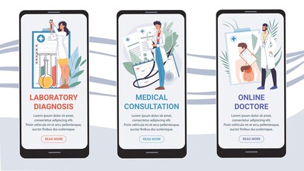 Set of vector flat cartoon characters doctors on smartphone online app screens-mobile UI kit templates for online consultation medical applications,web page design with people scenes and text info