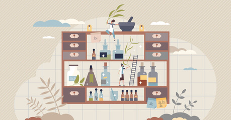 Fototapeta na wymiar Apothecary and alternative medicine or pharmacy pill shop tiny person concept. Mixing herbal elixir, painkillers or drugs in vintage bottles vector illustration. Pharmacist prescription preparation.