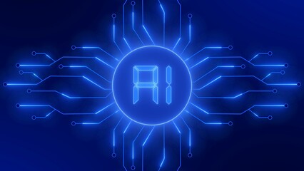 Futuristic digital circuit background symbolic for artificial technology - bright AI sign in frame between information connecting lines - 3D Illustration