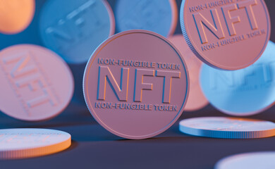 close-up of messy NFT coins with neon lighting