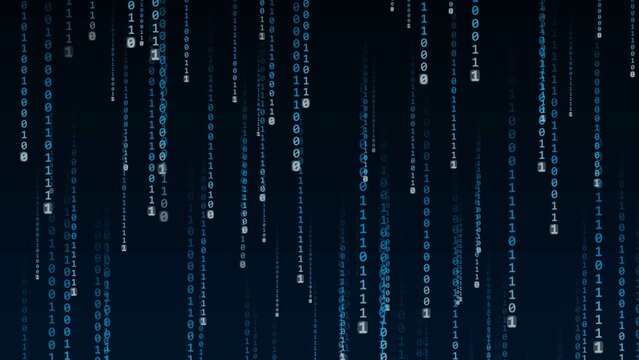 Abstract graphic background - blue rain of binary digits on black background - 3D Illustration