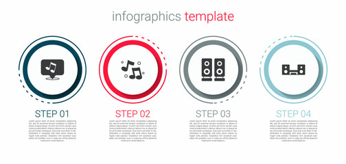 Set Music note, tone, Stereo speaker and Home stereo with two speakers. Business infographic template. Vector