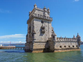 Beautiful Belém Tower or Saint Vincent Torre de Belém. Ancient, historic fortified quarter of...