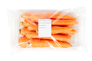 New harvest cleaned carrots packed and labeled on isolated white background