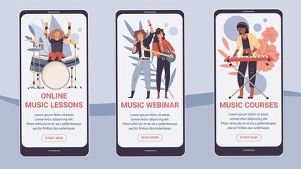 Set of vector flat cartoon characters sing and play music on smartphone app screens-mobile UI kit templates for online education,music courses webinars applications,web page design with people scenes