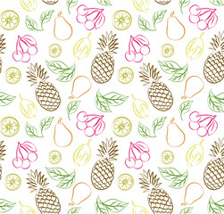 seamless pattern with fruits, pineapple, cherry, lemon, pear. Vector illustration