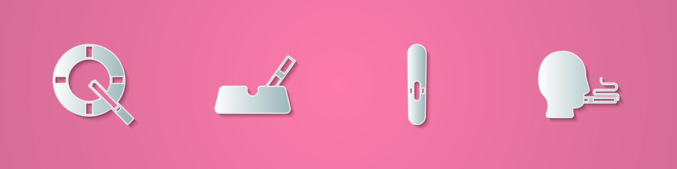 Set paper cut Ashtray with cigarette, Cigar and Man smoking icon. Paper art style. Vector