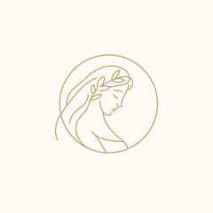 Woman  in boho linear style vector - bohemian emblem in golden lines with feminine symbol.