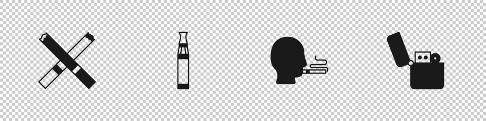 Set Cigarette, Electronic cigarette, Man smoking and Lighter icon. Vector